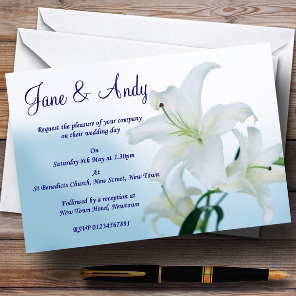 White Blue Lily Flower Personalised Wedding Invitations