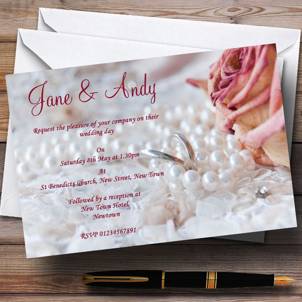 Pink Rose Pearls Rings Personalised Wedding Invitations