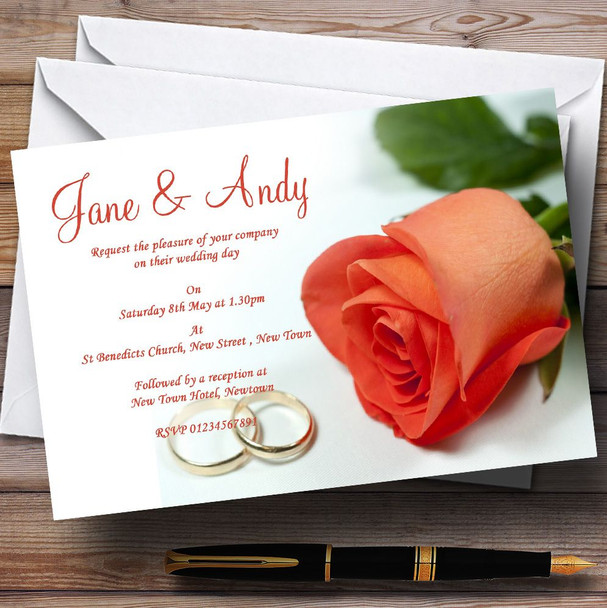 Orange Coral Peach Rose Rings Personalised Wedding Invitations