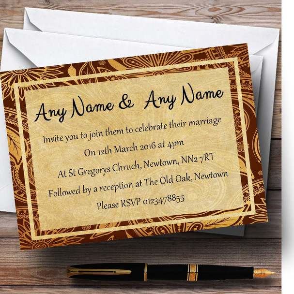 Vintage Brown Gold Postcard Style Personalised Wedding Invitations