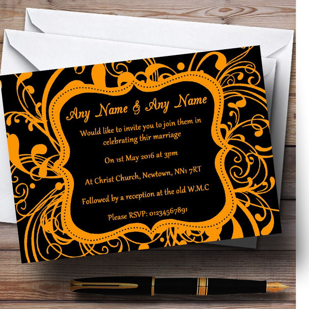 Black & Orange Swirl Deco Personalised Wedding Invitations