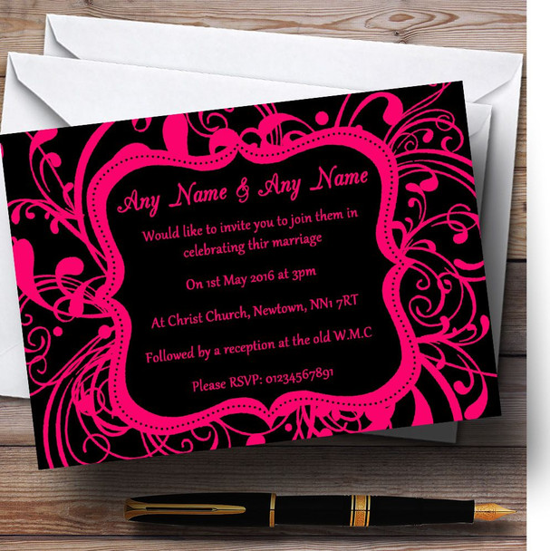 Black & Pink Swirl Deco Personalised Wedding Invitations