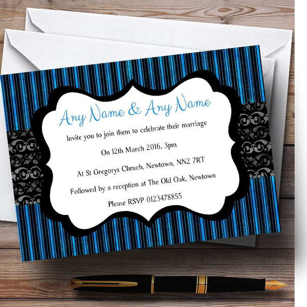 Blue Black Stripes Damask Vintage Personalised Wedding Invitations