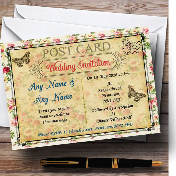 Vintage Floral Shabby Chic Postcard Personalised Wedding Invitations