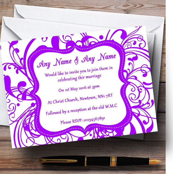 White & Purple Swirl Deco Personalised Wedding Invitations