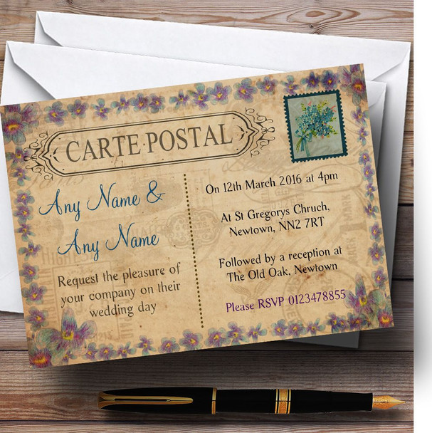 Shabby Chic Vintage Postcard Rustic Blue Stamp Personalised Wedding Invitations