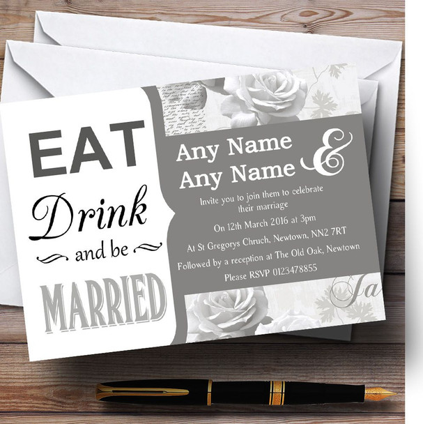 Silver Grey Eat Drink Vintage Birdcage Personalised Wedding Invitations