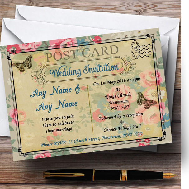 Blue Floral Vintage Paris Shabby Chic Postcard Personalised Wedding Invitations