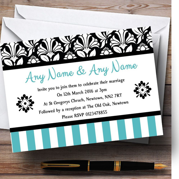 Damask And Aqua Stripes Personalised Wedding Invitations