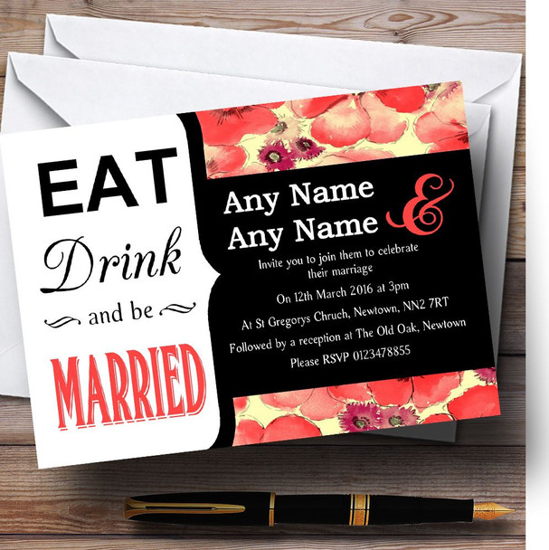 Eat Drink Blue Coral Vintage Floral Personalised Wedding Invitations