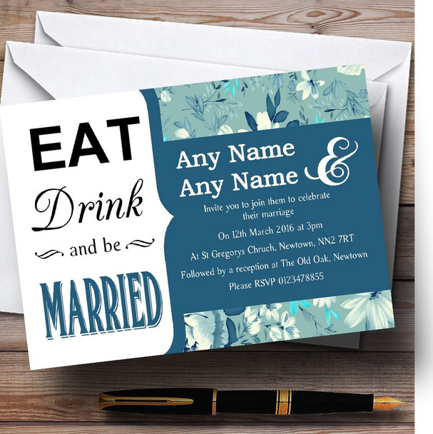 Eat Drink Blue Vintage Floral Personalised Wedding Invitations