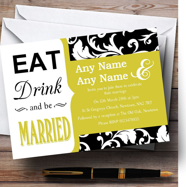 Eat Drink Damask Gold Personalised Wedding Invitations