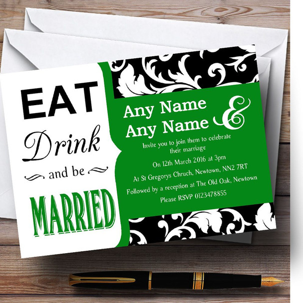 Eat Drink Damask Green Personalised Wedding Invitations