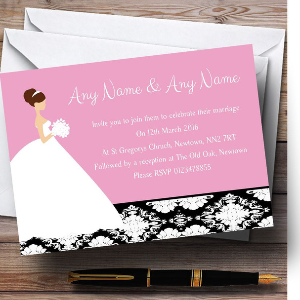 Pink Black Damask Bride Personalised Wedding Invitations