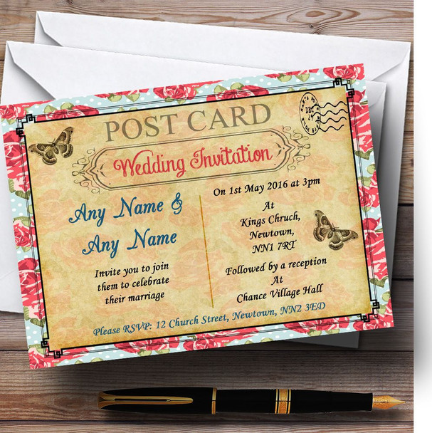 Pink Floral Vintage Paris Shabby Chic Postcard Personalised Wedding Invitations