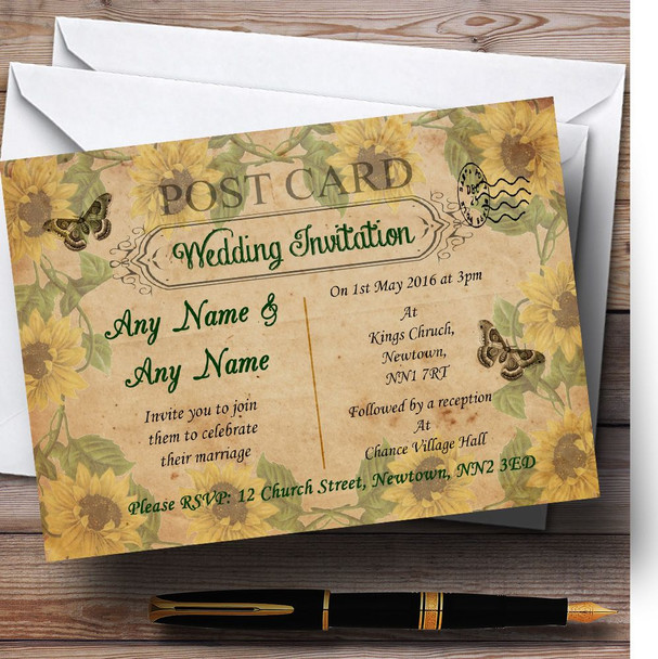 Sunflowers Vintage Shabby Chic Postcard Personalised Wedding Invitations