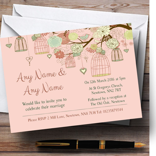 Vintage Shabby Chic Birdcage Coral Personalised Wedding Invitations