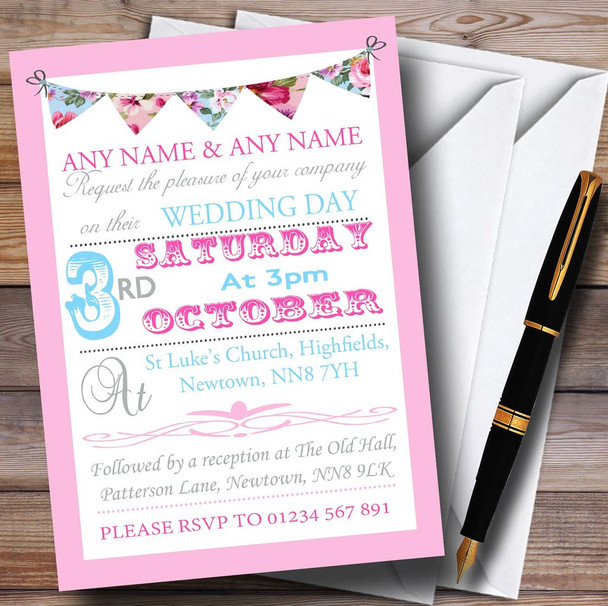 Pink Blue Vintage Bunting Shabby Chic Tea Garden Wedding Personalised Invitations