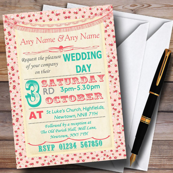 Pink Roses Shabby Chic Garland Wedding Personalised Invitations
