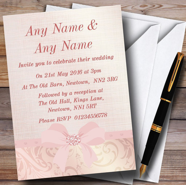 Pretty Pale Coral Pink Damask Bow Wedding Personalised Invitations