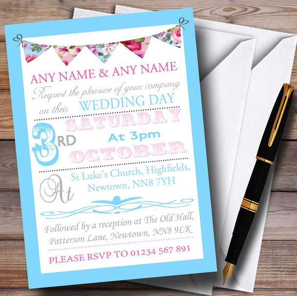 Blue Pink Vintage Bunting Shabby Chic Tea Garden Wedding Personalised Invitations