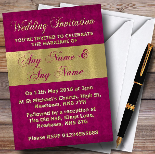 Dark Pink And Glitter Look Gold Wedding Personalised Invitations