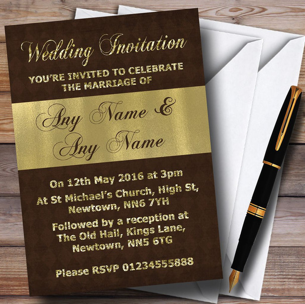 Brown And Glitter Look Gold Wedding Personalised Invitations