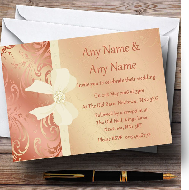 Cream Pale Coral Peach Pink Bow Wedding Personalised Invitations