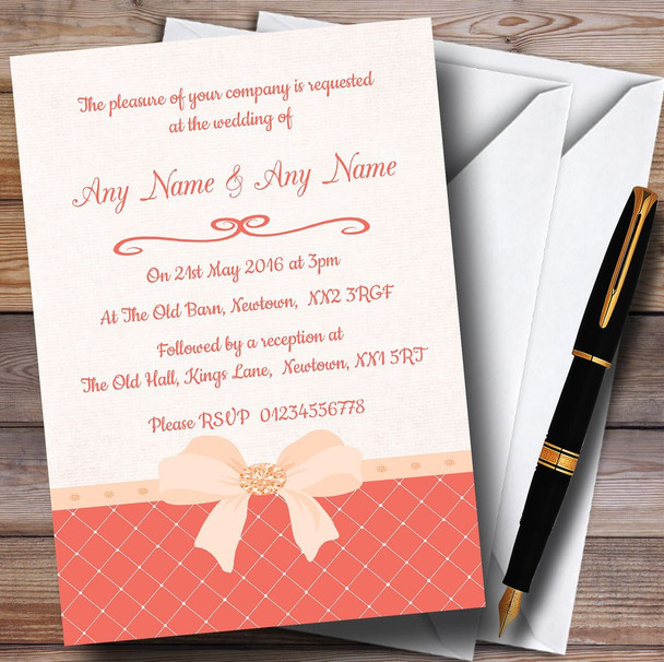 Quilted Look Coral Bow Personalised Wedding Invitations
