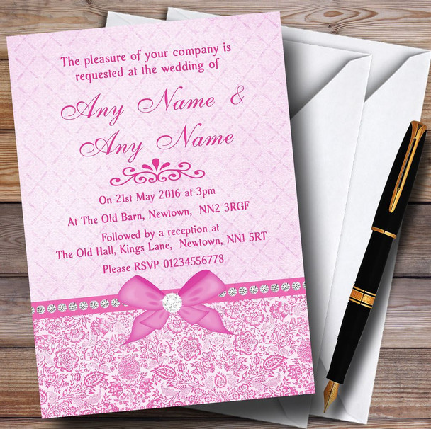 Pretty Floral Vintage Bow & Diamante Pink Personalised Wedding Invitations