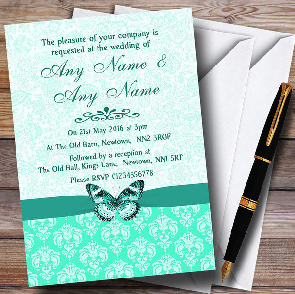 Mint Green Vintage Floral Damask Butterfly Personalised Wedding Invitations