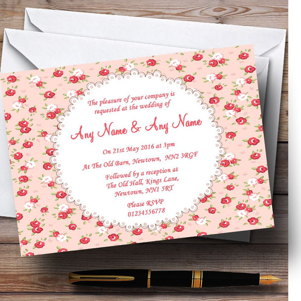 Red And Coral Pink Floral Shabby Chic Chintz Personalised Wedding Invitations