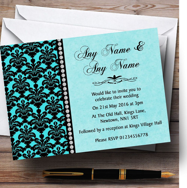 Aqua Sky Blue Black Damask and Diamond Personalised Wedding Invitations