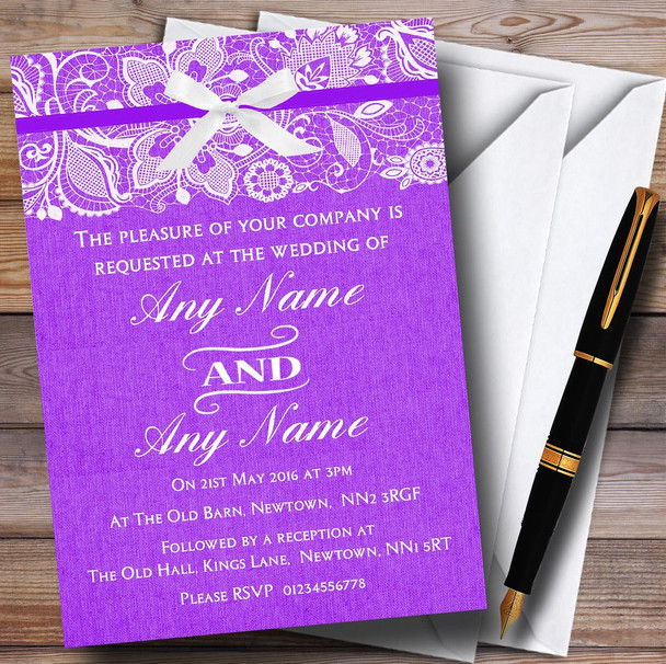Vintage Cadbury Purple Burlap and Lace Personalised Wedding Invitations