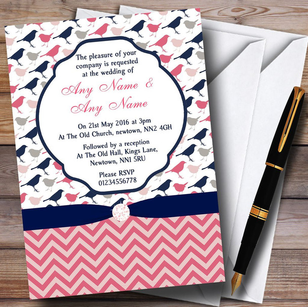 Coral Pink & Navy Blue Shabby Chic Birds Personalised Wedding Invitations