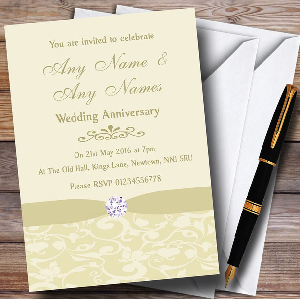 Cream Pale Gold Beige Vintage Floral Damask Diamante Personalised Wedding Invitations