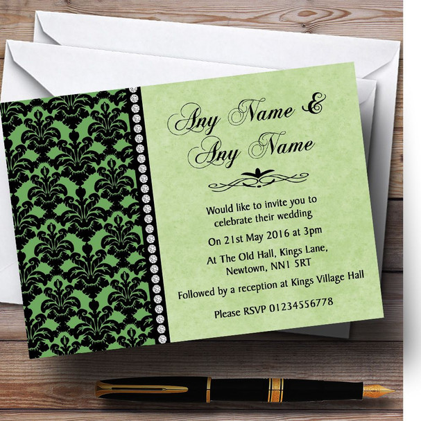 Green Black Damask & Diamond Personalised Wedding Invitations