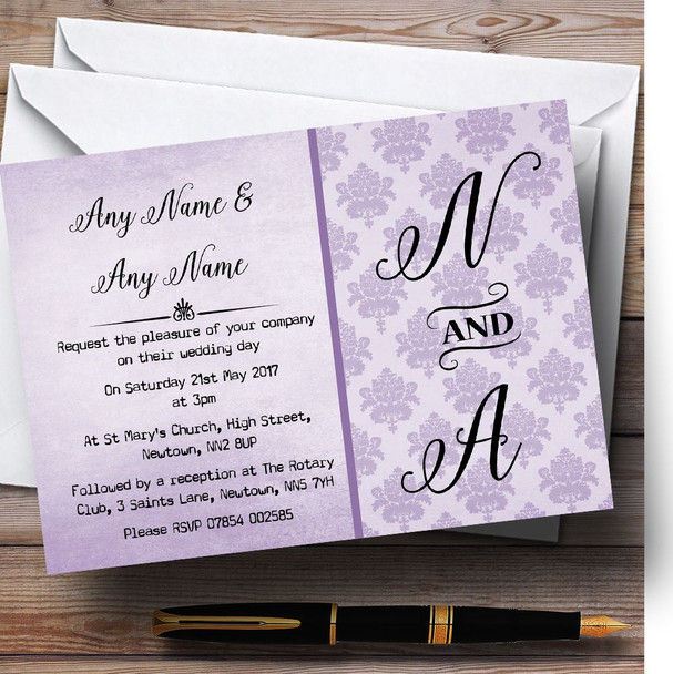 Vintage Damask Initials Lilac Purple Personalised Wedding Invitations