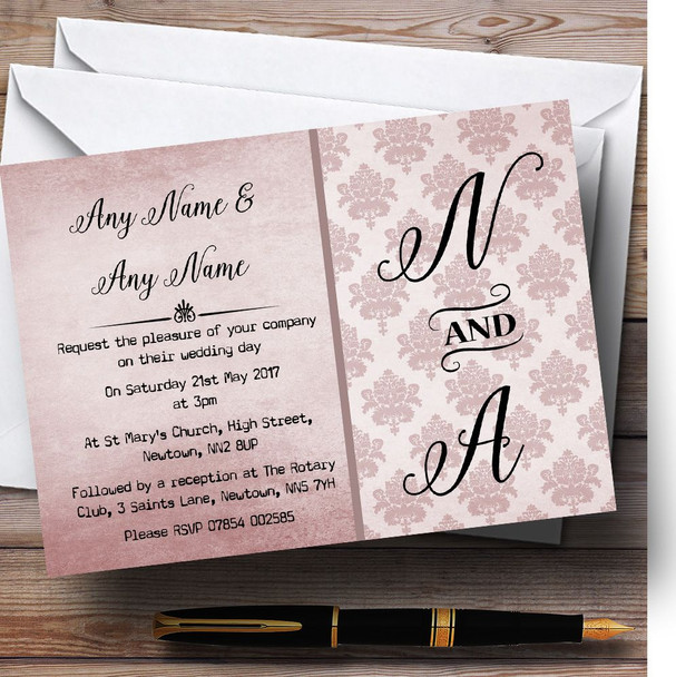 Vintage Damask Initials Blush Pink Personalised Wedding Invitations