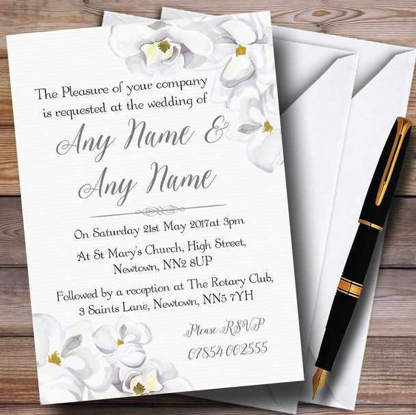 Stunning White Watercolour Magnolias Personalised Wedding Invitations