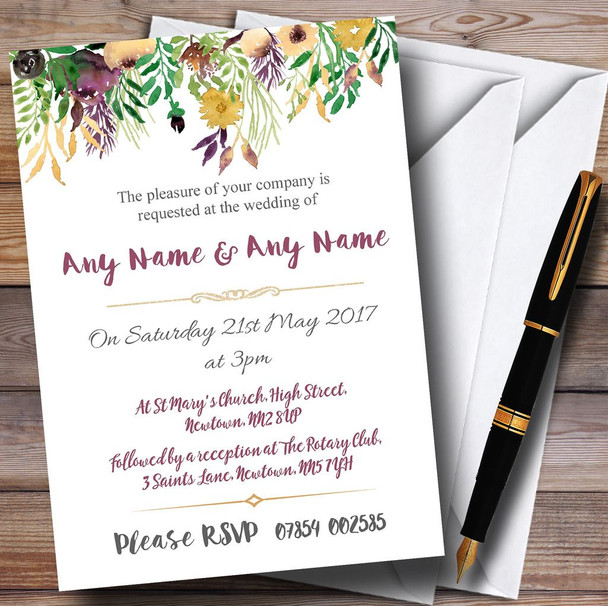 Autumn Plum Watercolour Floral Header Personalised Wedding Invitations