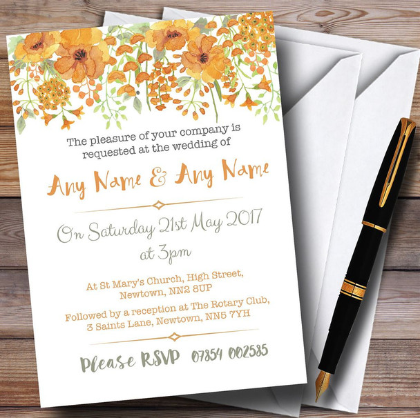Watercolour Floral Orange Personalised Wedding Invitations