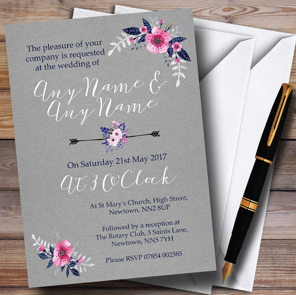 Rustic Vintage Watercolour Navy Blue & Silver Personalised Wedding Invitations