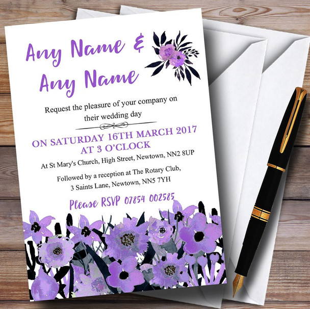 Black & Purple Watercolour Flowers Personalised Wedding Invitations