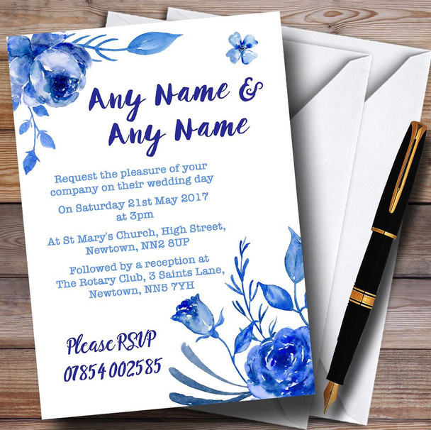 Blue & White Watercolour Floral Personalised Wedding Invitations