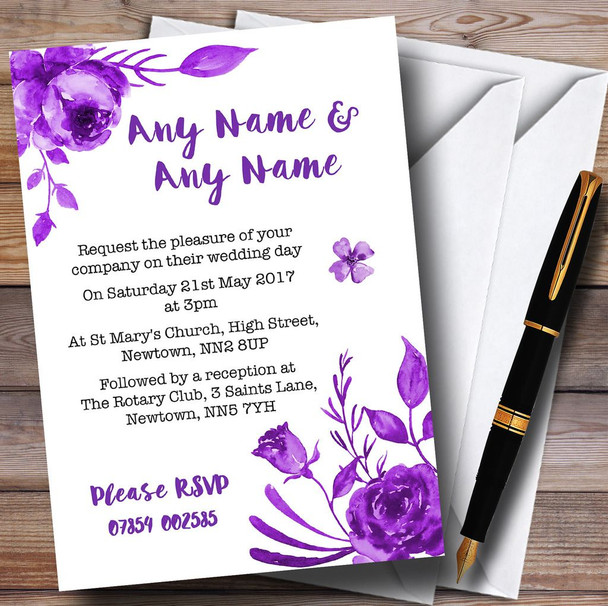 Cadbury Purple & White Watercolour Floral Personalised Wedding Invitations