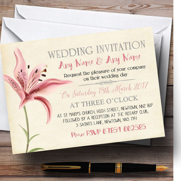 Coral Pink Lily Vintage Personalised Wedding Invitations