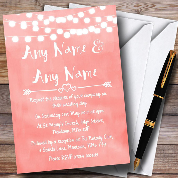 Coral Pink Lights Watercolour Personalised Wedding Invitations