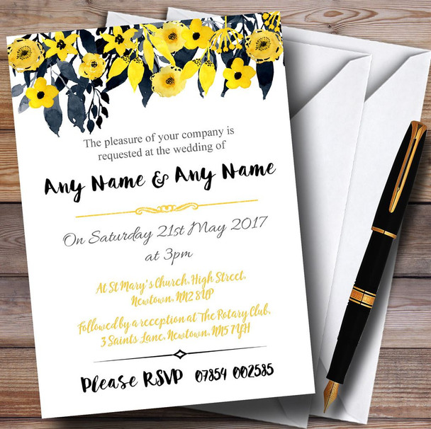 Watercolour Black & Yellow Floral Header Personalised Wedding Invitations