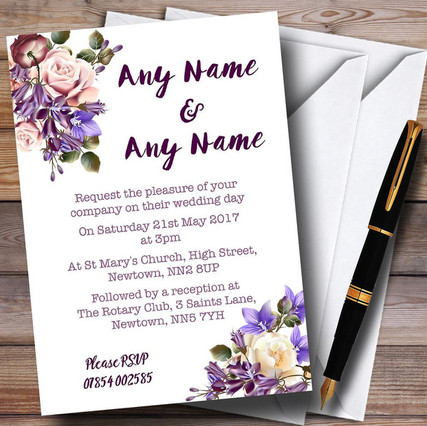 White Lilac & Blush Pink Watercolour Rose Personalised Wedding Invitations